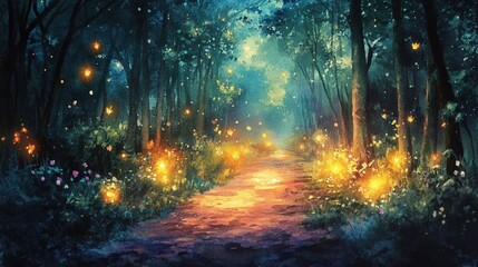 Enchanted forest path illuminated by glowing fairy lights creating a magical and atmospheric ambiance in a serene watercolor landscape