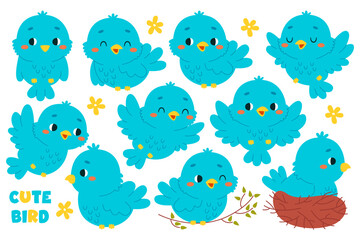 Cute little blue bird isolated cartoon character flying, chirping, sitting in nest on tree brunch