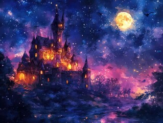 Fototapeta premium A glowing fairy tale castle stands tall and proud surrounded by a mystical forest and a tranquil river under the enchanting glow of the full moon The scene is painted in a vibrant watercolor style