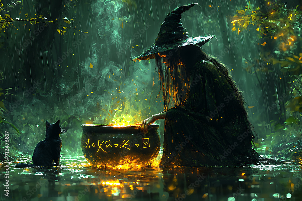 Poster a mysterious witch in a dark forest holds a potion recipe book and cooks a potion in a large cauldro