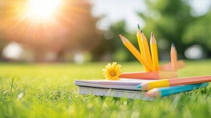 Colorful pencils and notebook on grass under sunlight
