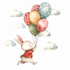 Cute Bunny Flying with Balloons.