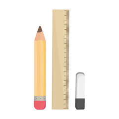 Simple pencil, ruler and eraser on isolated background. Back to school. Vector set of elements.