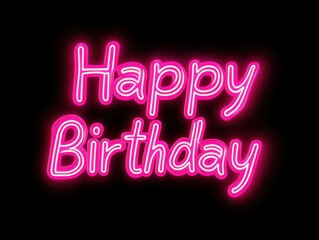A vibrant neon sign that says 'Happy Birthday' in pink against a dark background, perfect for celebration themes.