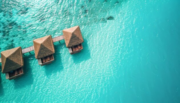 Aerial view of three overwater bungalows resort in the turquoise ocean with sunny weather