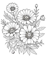 flower outline illustration coloring book page design, flower black and white line art drawing coloring book pages for children and adults,Line art garden flowers set. Botanical illustration