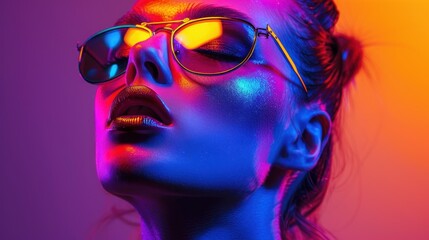 Obraz premium Close-up Portrait of a Woman with Neon Lights and Sunglasses