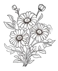 flower outline illustration coloring book page design, flower black and white line art drawing coloring book pages for children and adults,Line art garden flowers set. Botanical illustration