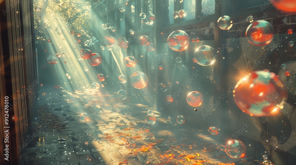 Poster sunlight streaming through trees in enchanted forest filled with colorful bubbles and autumn leaves