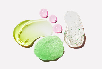 Cosmetic gel scrub peeling gomage and toner and serum set smudge drops swatch