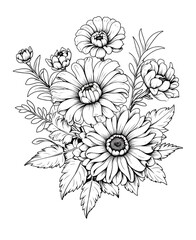 flower outline illustration coloring book page design, flower black and white line art drawing coloring book pages for children and adults,Line art garden flowers set. Botanical illustration