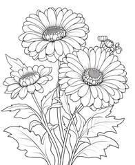 flower outline illustration coloring book page design, flower black and white line art drawing coloring book pages for children and adults,Line art garden flowers set. Botanical illustration