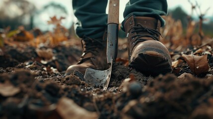 Fototapeta premium Close-up of a Person's Foot in Brown Boots Stepping on a Shovel in the Dirt