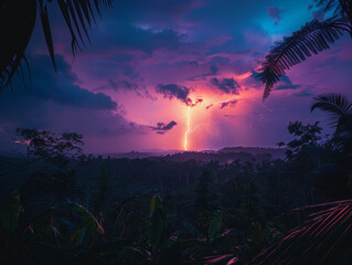 Dramatic Lightning Strikes Over Lush Tropical Landscape During Vibrant Sunset