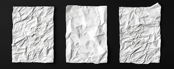 Three white crumpled and creased paper posters arranged side by side on a dark background, ideal for mockup and texture design concepts