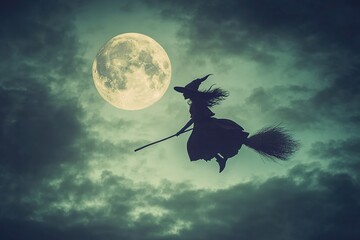 Witch flying on a broomstick with a full moon in the background