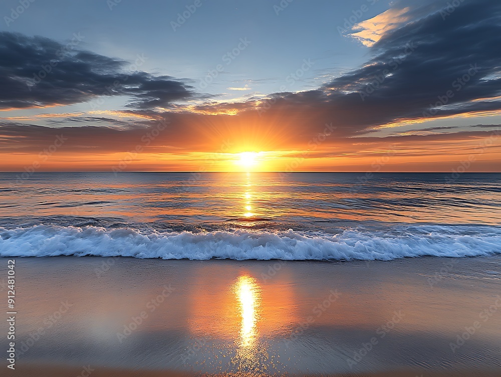 Wall mural golden sunset reflecting on calm ocean waves, creating a serene and peaceful scene, with ample copy 