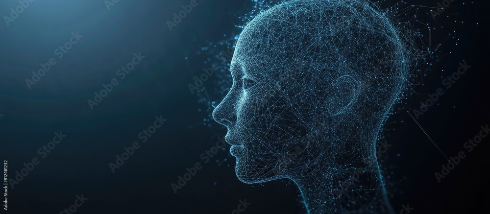 Aufkleber fractal human head shape with interconnected lines and dots on a dark blue background representing a