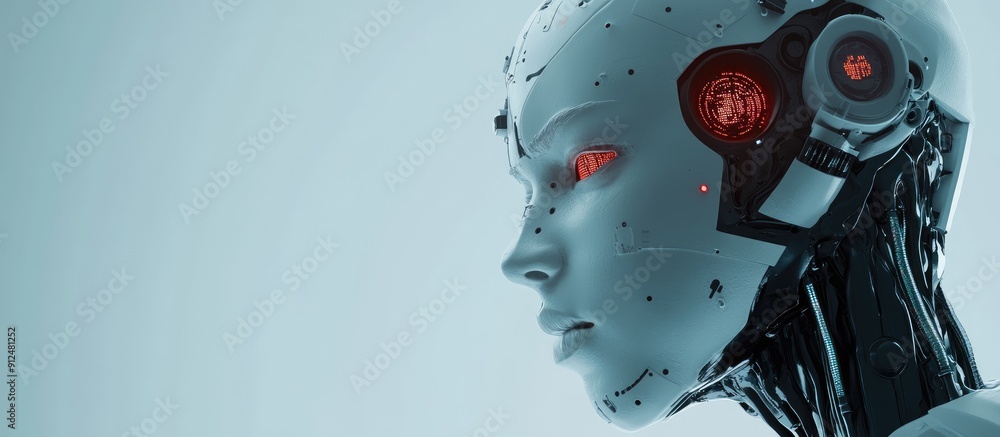 Poster futuristic 3d illustration of a humanoid robot emphasizing artificial intelligence coding technology