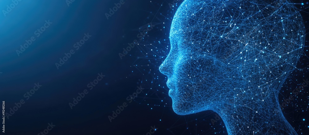 Poster fractal human head shape with interconnected lines and dots on a dark blue background representing a