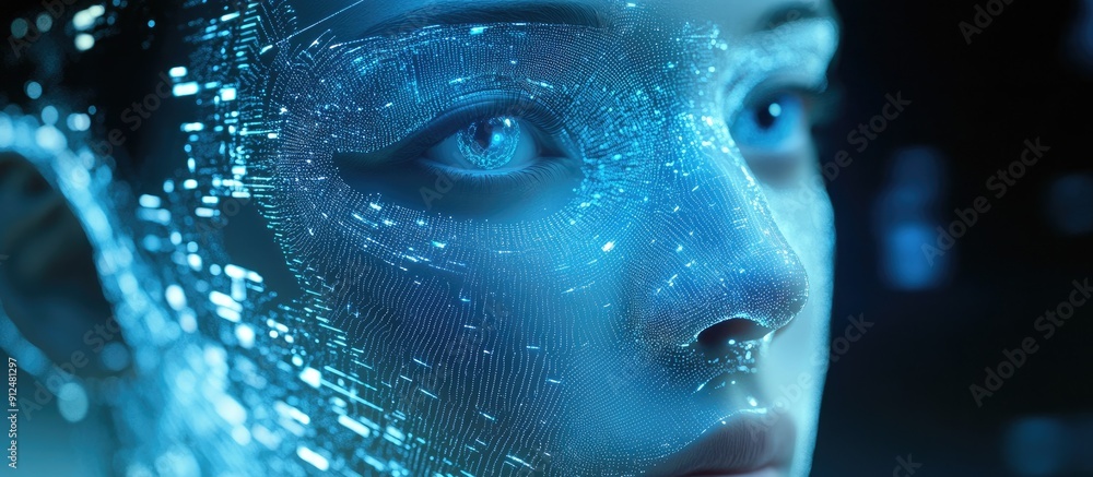 Poster futuristic humanoid face enhanced by ai technology advanced deep learning circuit fuels the next gen
