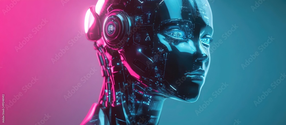 Poster futuristic 3d rendering of advanced robot technology concepts of artificial intelligence ai and mach