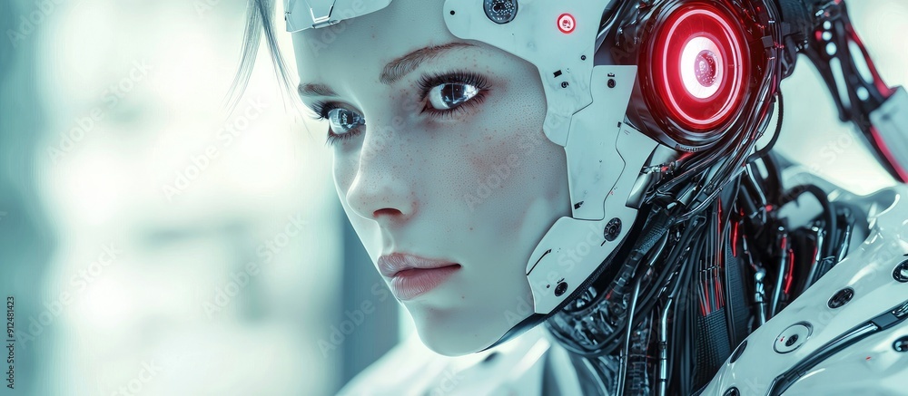 Poster futuristic 3d rendering of advanced robotic technology highlighting artificial intelligence and mach