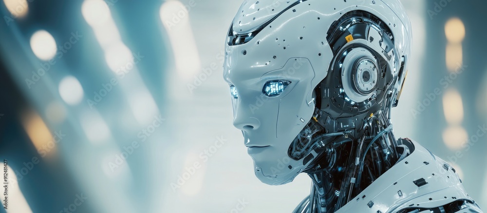 Poster futuristic 3d rendering of advanced robotic technology highlighting artificial intelligence and mach