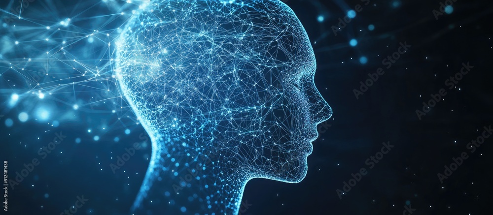 Aufkleber fractal human head shape with interconnected lines and dots on a dark blue background representing a