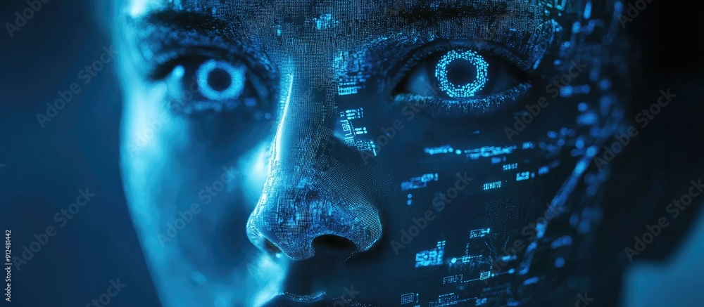 Poster futuristic humanoid face enhanced by ai technology advanced deep learning circuit fuels the next gen