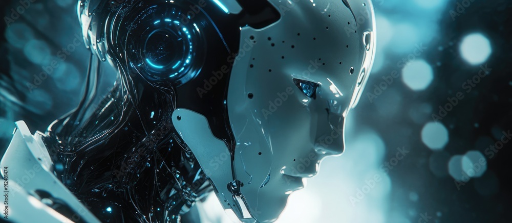 Poster futuristic 3d rendering of advanced robot technology artificial intelligence and machine learning co