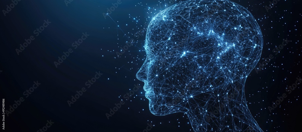 Aufkleber fractal human head silhouette with interconnected lines and dots on a dark blue background represent