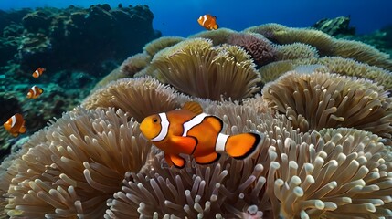 Clownfish swimming in anemones