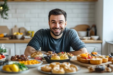 Obraz premium A man with delighted expression sitting at a table full of food