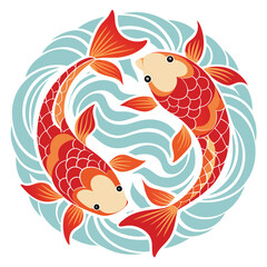 two koi fish with carved water, white background vector illustration. 