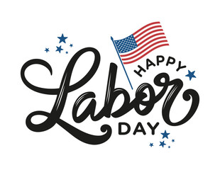 Labor Day USA, hand lettering greeting card, 
vector, graphic, banner with American flag 
isolated on white background for labor day celebration, 
bbq, party, social media post, sign, badge, printable