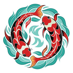 two koi fish with carved water, white background vector illustration. 