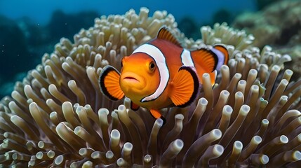 Clownfish swimming in anemones