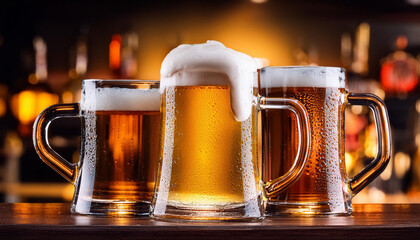 Bar counter with mugs of beer, foam flowing out onto the counter, wet foam on the counter, droplets visible on the mugs
