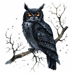 Watercolor Owl Perched on a Branch.