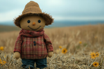Minimalist portrayal of a scarecrow in a harvested field, using simple lines and contrasting colors,