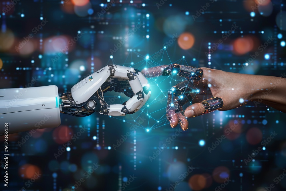 Poster human and robot hands touching on a complex big data network connection background