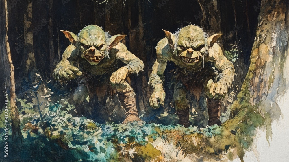Poster whimsical watercolor depicting mischievous goblins playing tricks and cavorting in the shadows of an