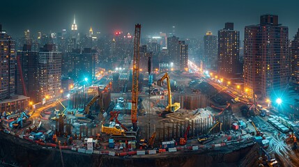 A panoramic view of a busy construction site at night, with workers operating under floodlights, heavy machinery in action, and the cityscape in the background.