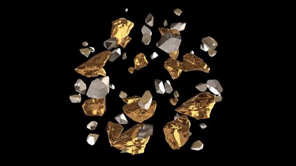 Luxury 3D gold nuggets, diamonds, gems and crystals isolated rotating spinning on black background with alpha matte looping animation. - Powered by Adobe