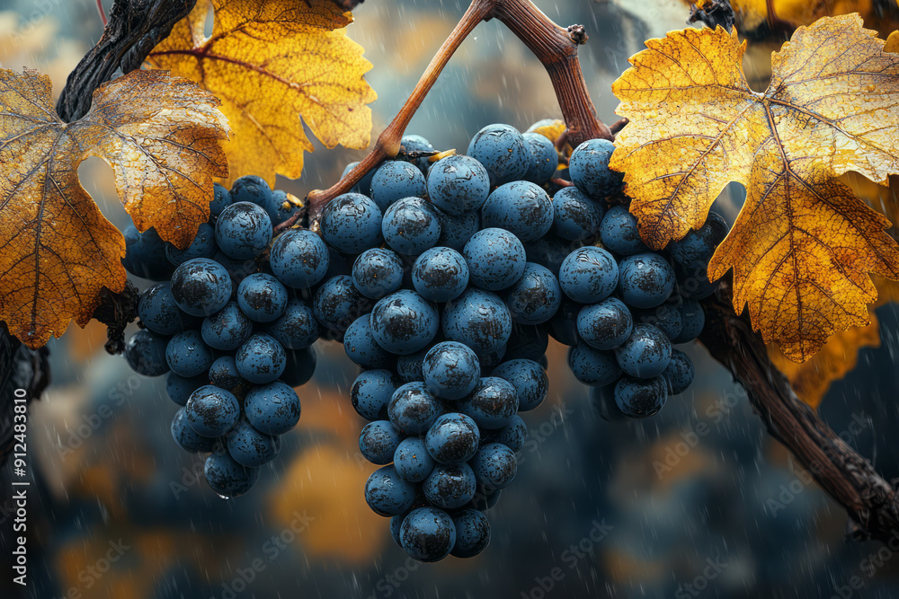 Poster abstract art of a grape harvest, with stylized grape clusters and twisting vines,