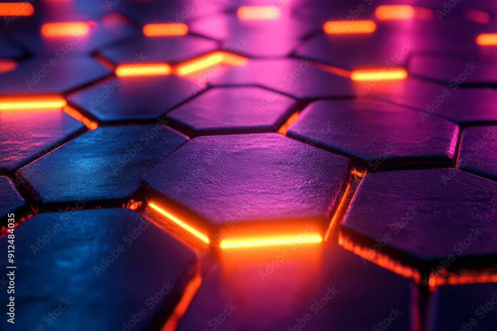 Poster futuristic design of a geometric pattern with hexagonal and triangular tiles in neon colors,