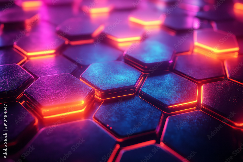 Poster futuristic design of a geometric pattern with hexagonal and triangular tiles in neon colors,