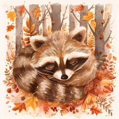 Cute Raccoon Sleeping in Autumn Forest.