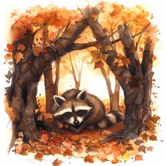 Raccoon resting in autumn leaves.